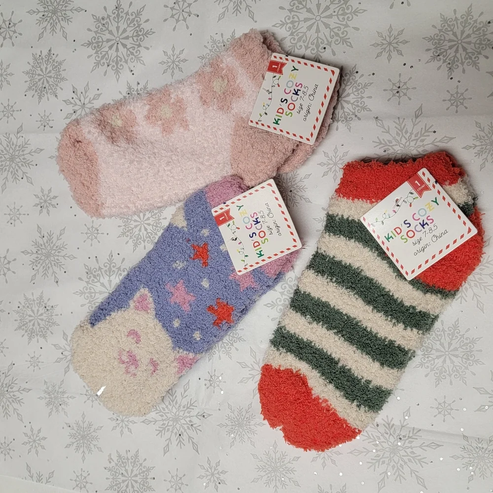 Kid's Cozy Socks Three Pairs of Fuzzy Socks Festive Winter Holiday Stripe Floral